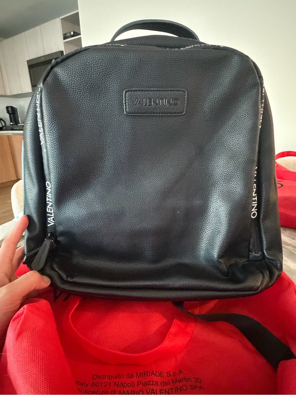 Valentino Black Pebbled Leather Men’s Backpack with Logo Trim